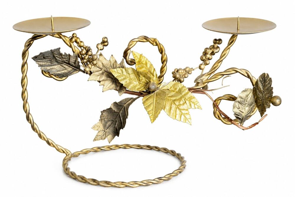 Vtg Hollywood Regency Gold Tole Metal Floral Candle Holder Centerpiece Mantel